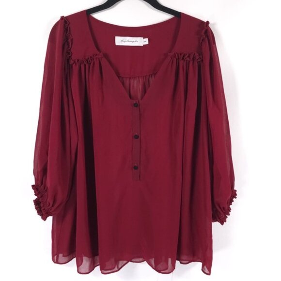 Misa Los Angeles Sheer Chiffon Wine Top V neck Pleated Ruffle Size MEDIUM - Picture 2 of 11